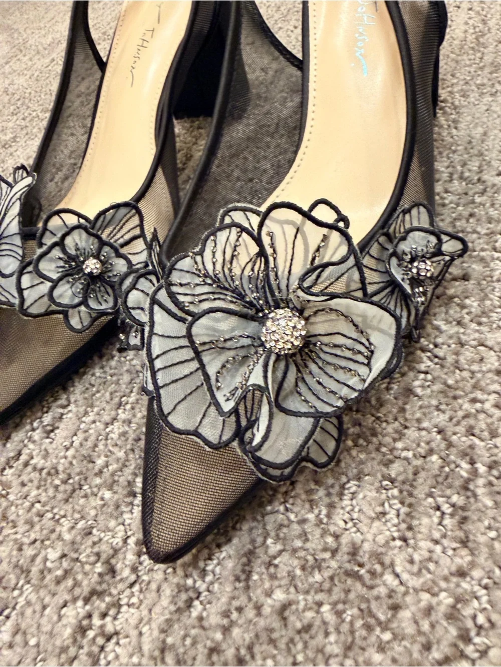 Betsey Johnson Petra Black Mesh Floral Block Heels Coquette Cocktail Size 9.5